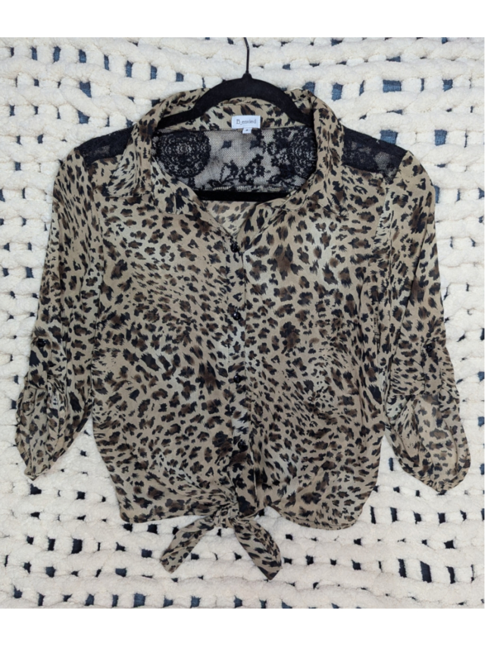 B.Envied Women's Small Leopard Print Tie Front Chiffon Blouse Lace 3/4 Sleeve